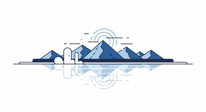 Stylized mountain range with reflection on tranquil water under abstract sun