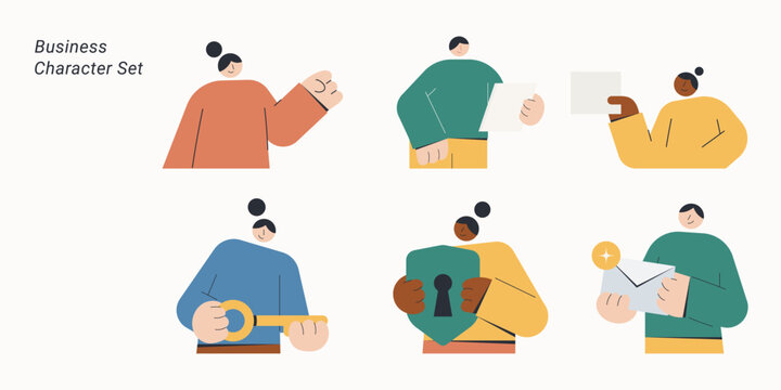 Flat design collection of six business characters holding key, security shield, envelope, document and fist bump, symbolizing various business concepts, ideal for corporate and communication content.