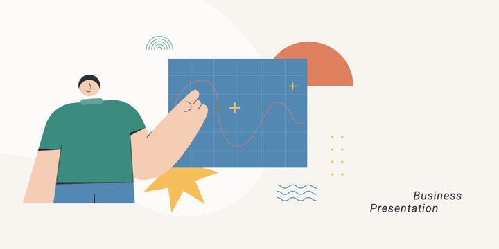Flat design of a confident character pointing at a wave graph on a board with geometric shapes, symbolizing business presentation and data analysis, ideal for corporate and analytics content.