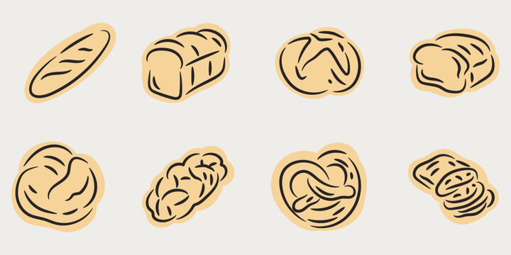 Flat doodle illustration set of eight hand drawn bread varieties including baguette, loaf, pretzel and rolls, ideal for bakery, food menu, restaurant, and cafe branding content.