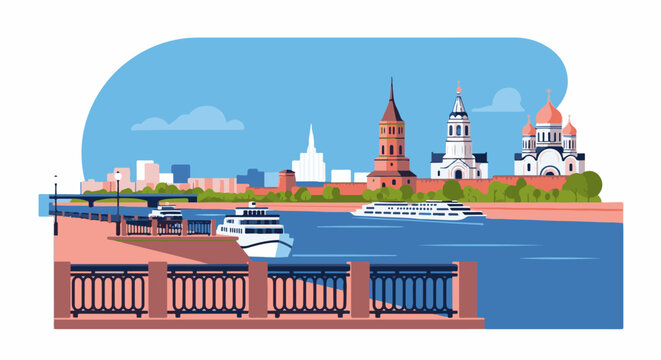 Stylized cityscape illustration with a river, boats, and distinct architectural elements