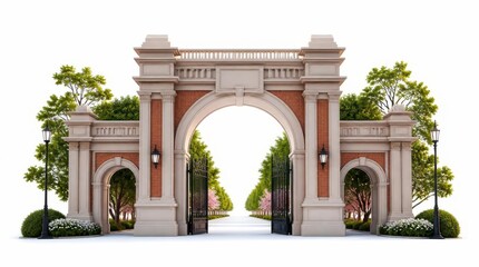 Fototapeta premium Clean digital illustration of a grand university archway, showcasing classic brick architecture, elegant iron gates, and lush greenery in a widescreen composition perfect for academic headers.