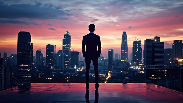 Man in suit standing with back to camera overlooking city skyline at sunset