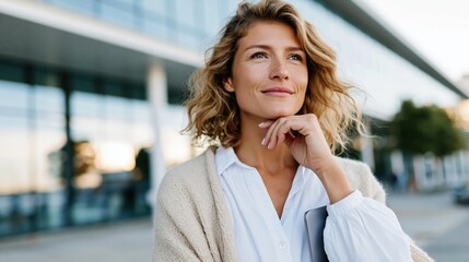 Fototapeta premium A contemplative young woman in a modern urban environment, embodying a mix of calmness and ambition while gazing thoughtfully into the distance, symbolizing aspirations and dreams.