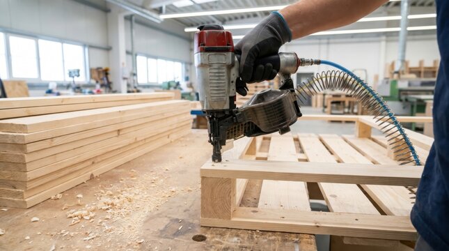 Man using pneumatic nail gun to assemble wooden pallet in clean workshop. Industrial manufacturing and woodworking process. Construction assembly and carpentry concept.