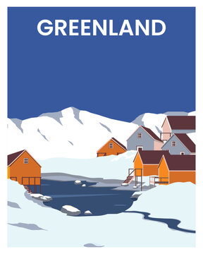 Beautiful travel poster with a view of a house cabin under the mountain. vector illustration in flat style.