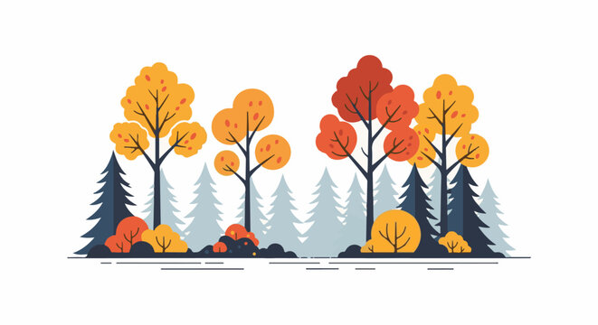 Stylized autumn forest with diverse trees and foliage in warm colors