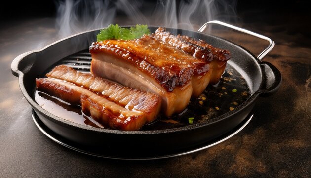 a tantalizing image of grilled pork belly sizzling on a hot plate perfect for showcasing culinary delights and the joy of indulgence in a flavorful dining experience