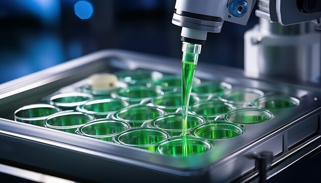 automated pipette dispensing green liquid into well plate