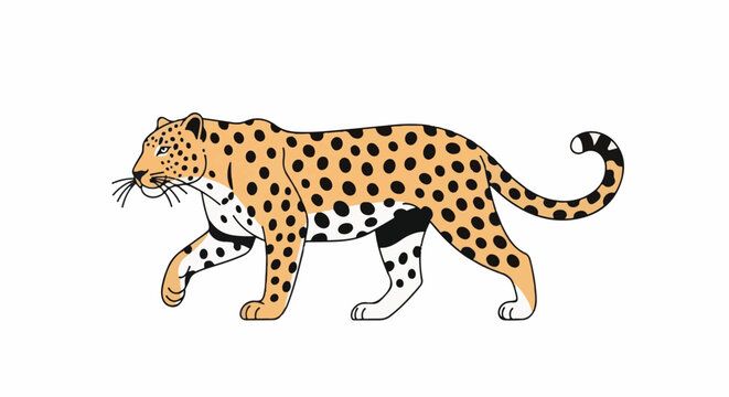 Stylized illustration of a spotted leopard walking with its tail curled