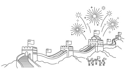 Obraz premium Line art illustration of the Great Wall of China with celebratory fireworks and people.