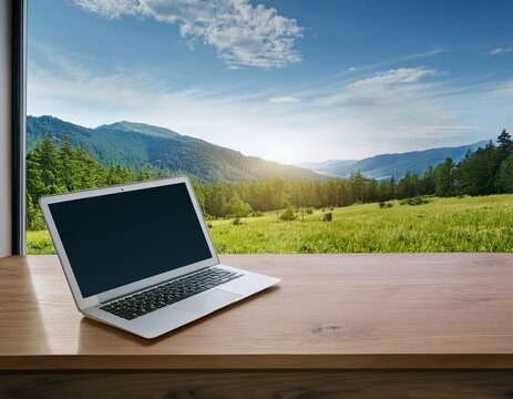 modern home office with laptop and nature view on wooden desk