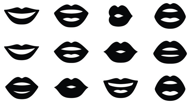 Collection Of Black Lip Silhouettes On White Background Silhouette