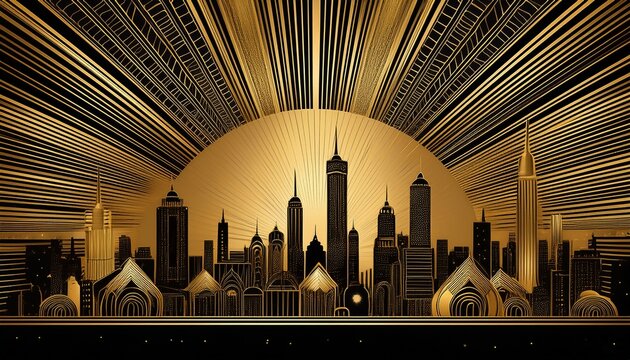 a stylized representation of a cityscape features an array of skyscrapers with art deco designs under a radiating background pattern prominent gold and black hues give the image a luxurious ai genera