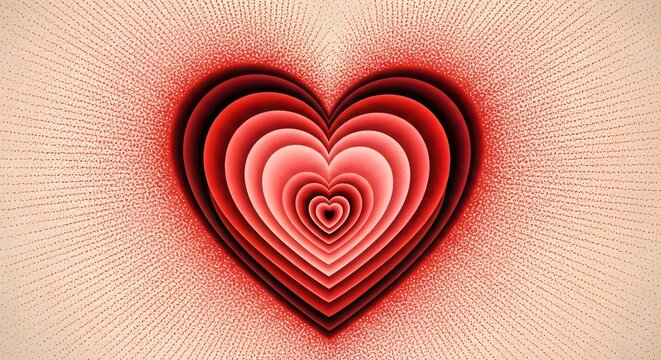 Infinite tunnel of nested red hearts. Romantic love concept and valentines day background. Artistic stipple illustration with radiating energy layers