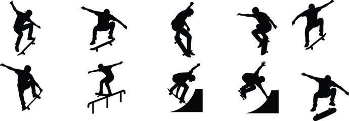 Skateboarder Silhouettes Collection Performing Extreme Tricks and Jumps Isolated on White Background Illustration © MdShah