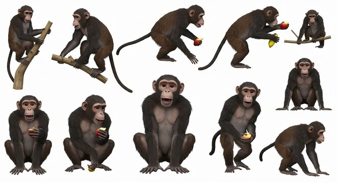 Collection of monkeys sitting eating and climbing on white background