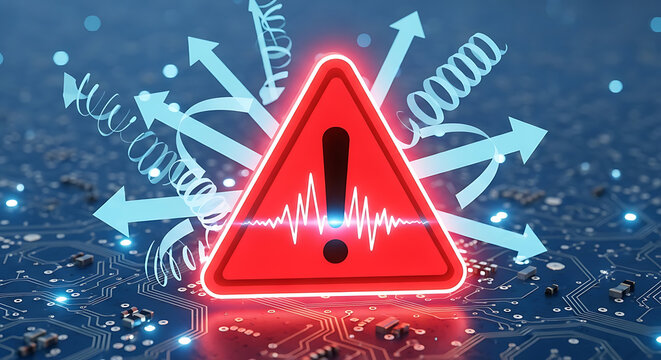 Warning sign with sound wave and dna helix arrows on digital background