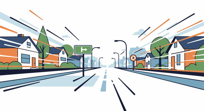 Stylized illustration of a suburban street with houses and a road vanishing into the distance