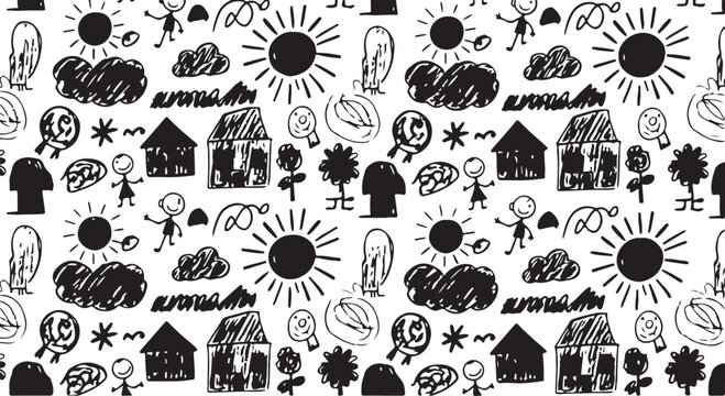 A whimsical kids doodle seamless pattern featuring cute black hand-drawn houses, suns, clouds, and stick figures on a solid white background.