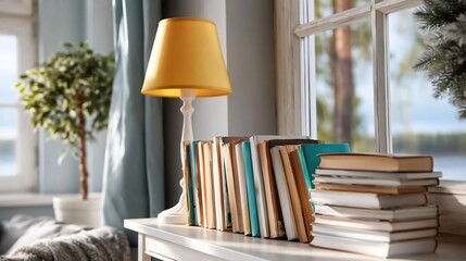 Fototapeta premium This calming image features a cozy reading nook bathed in natural light, showcasing a collection of books and a bright lamp against a serene window view of the outdoors.
