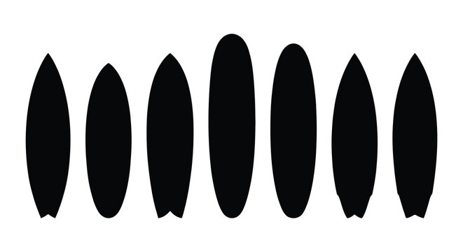 Seven Surfboard Shapes In Black Silhouette surfboards