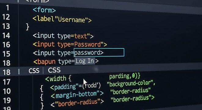 Html form code snippet showing username, password input fields and login button with css styling