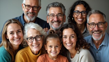 Obraz premium Group of diverse adults and children smiling together in a close-knit family portrait, showcasing various ages and hairstyles against a neutral background