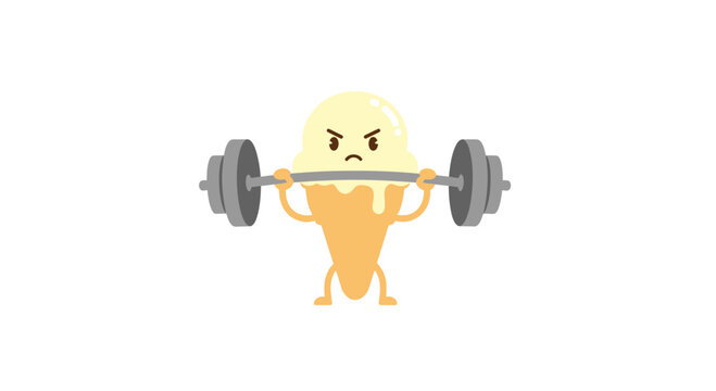 Cartoon egg man lifting weights heavily.