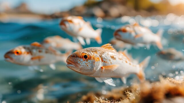 A captivating underwater shot featuring a school of vibrant fish moving swiftly through crystal-clear waters, illustrating the beauty and liveliness of marine life amidst colorful ecosystems.