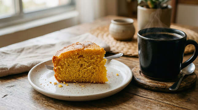 Slice of golden cornbread on white plate beside black coffee mug on rustic wooden table near window with woven placemat and small ceramic jar in background.