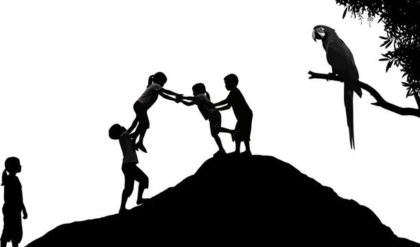 Children helping each other climb hill with parrot silhouette