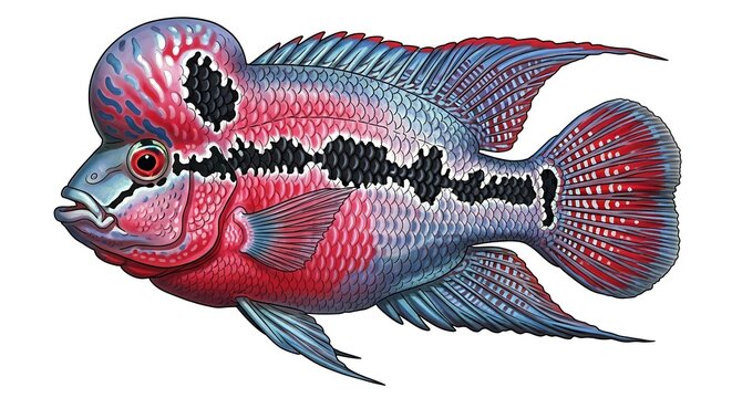 Flowerhorn cichlid fish illustration with prominent nuchal hump isolated on white background