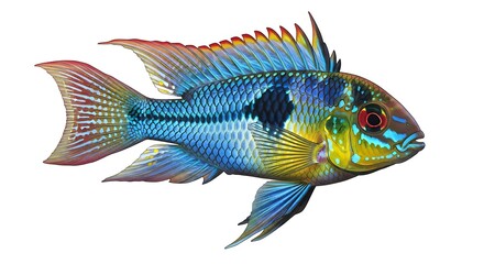 Fototapeta premium German blue ram cichlid illustration showing colorful scales isolated on white background