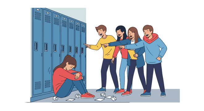 Students pointing and laughing at a lonely student by lockers