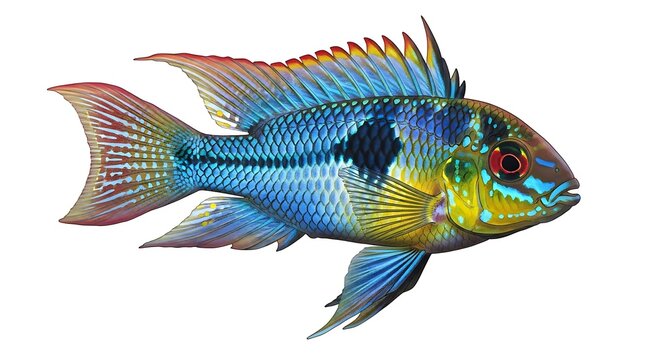 German blue ram cichlid illustration showing colorful scales isolated on white background