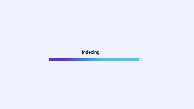 Minimal indexing animation with gradient progress bar, showing digital data organization and search indexing workflow in a clean interface.