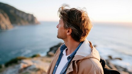 Fototapeta premium A reflective man gazes at a stunning coastal sunset, capturing a moment of serenity and introspection amidst the beauty of nature's vibrant colors.