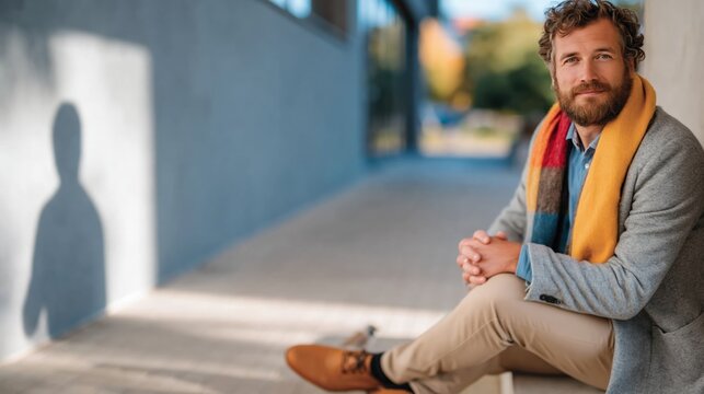A stylish man sits casually with a confident pose outdoors, highlighting modern fashion and exuding charisma in an inviting urban environment with architectural features.