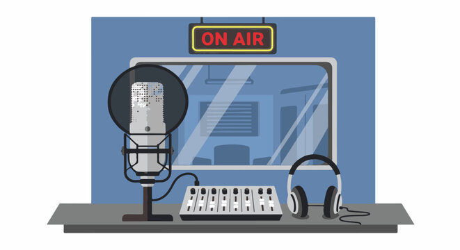 Studio equipment in a broadcast booth with an "ON AIR" sign