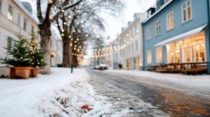 Fototapeta premium A picturesque winter street, lined with trees and twinkling lights, transforms into a magical scene, perfect for celebrating the holiday spirit and creating enchanting memories.