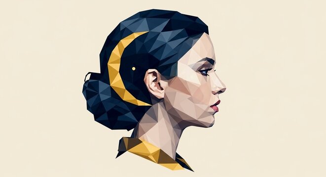 Side profile of woman with geometric hair and moon ornament