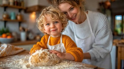 Fototapeta premium A heartwarming scene of a mother and child joyfully baking together, capturing the intimate moments shared during the culinary adventure of making delicious bread.
