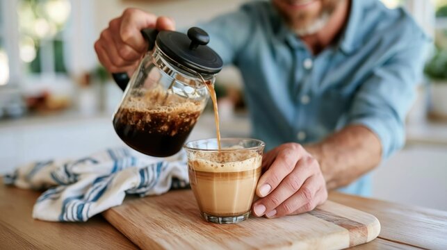 A man pours freshly brewed coffee into a glass in a warmly-lit kitchen, showcasing a morning routine filled with comfort and joy in a cozy atmosphere.