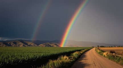 Fototapeta premium Double rainbow arcs across stormy sky above green crop field and dry hills. Dirt road leads into vast landscape under dramatic weather change.