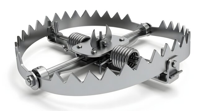 Metal bear trap with sharp teeth and strong coiled springs open position.