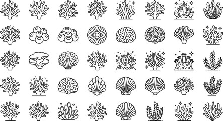 Coral Reef and Sea Life Line Icon Set Featuring Brain Coral Seaweed Anemone Scallop Shell Tube Sponge and Marine Aquarium Decor Outlines Vector © Vectorfair