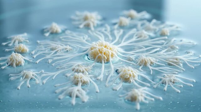 Time-lapse organic growth and network formation in liquid medium showing radial filament expansion, dendritic patterns, and interconnected biological structures in petri dish environment
