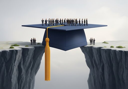 A giant graduation cap bridging a deep canyon for professionals in a bright and hopeful setting.