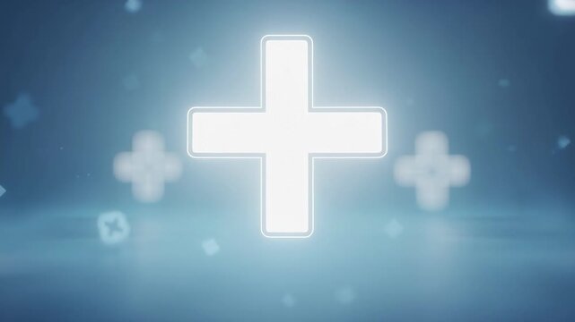 Futuristic glowing white plus signs floating in soft blue haze abstract technology background